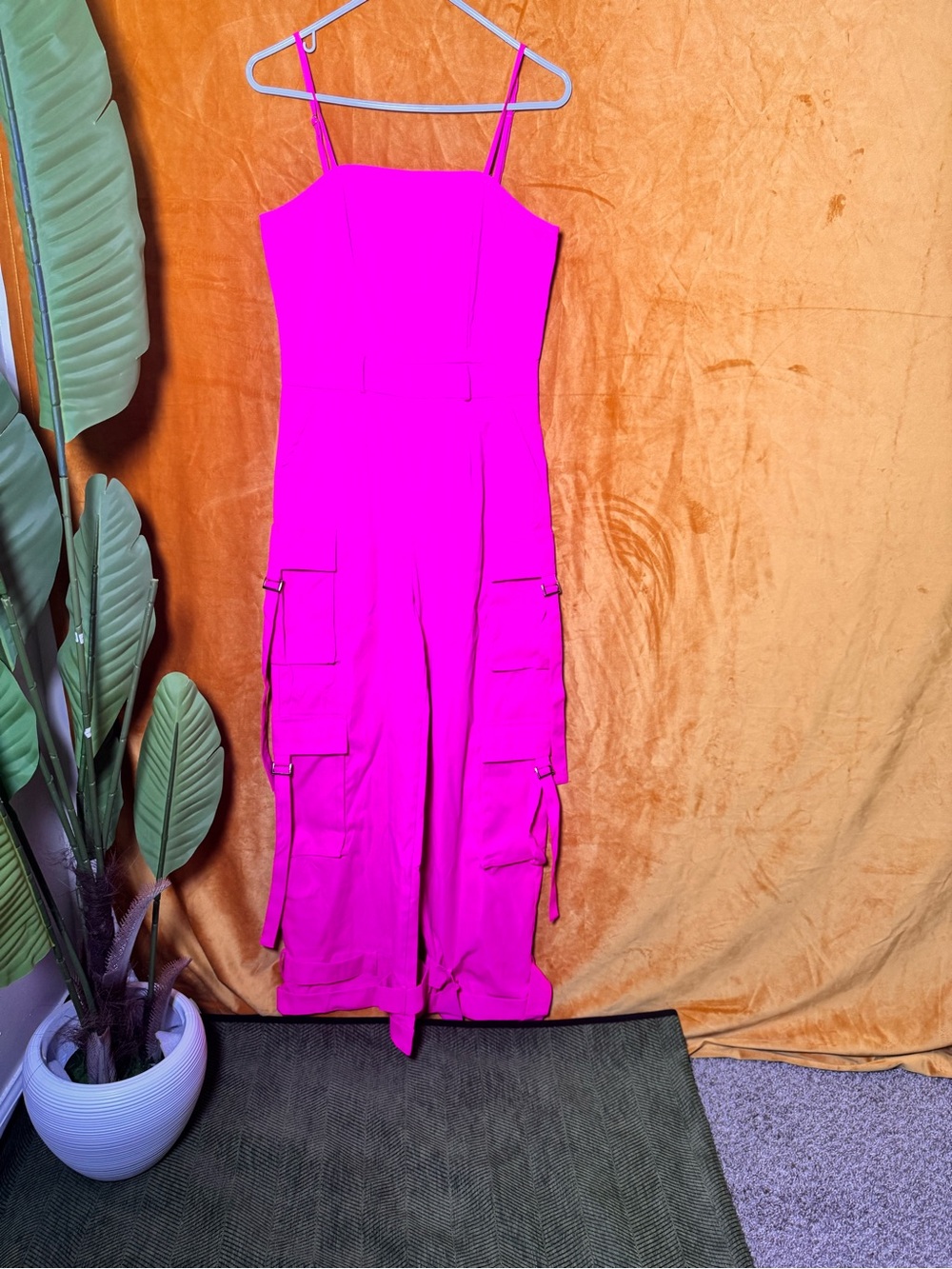 Bright Fuchsia Cargo Jumpsuit with Spaghetti Straps